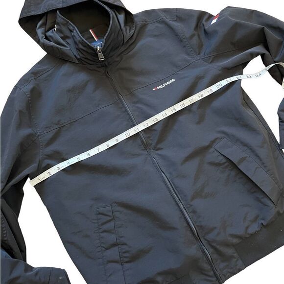 TOMMY HILFIGER Black High Neck Mid Weight Fall Rain Hooded Jacket Coat L - Picture 6 of 8